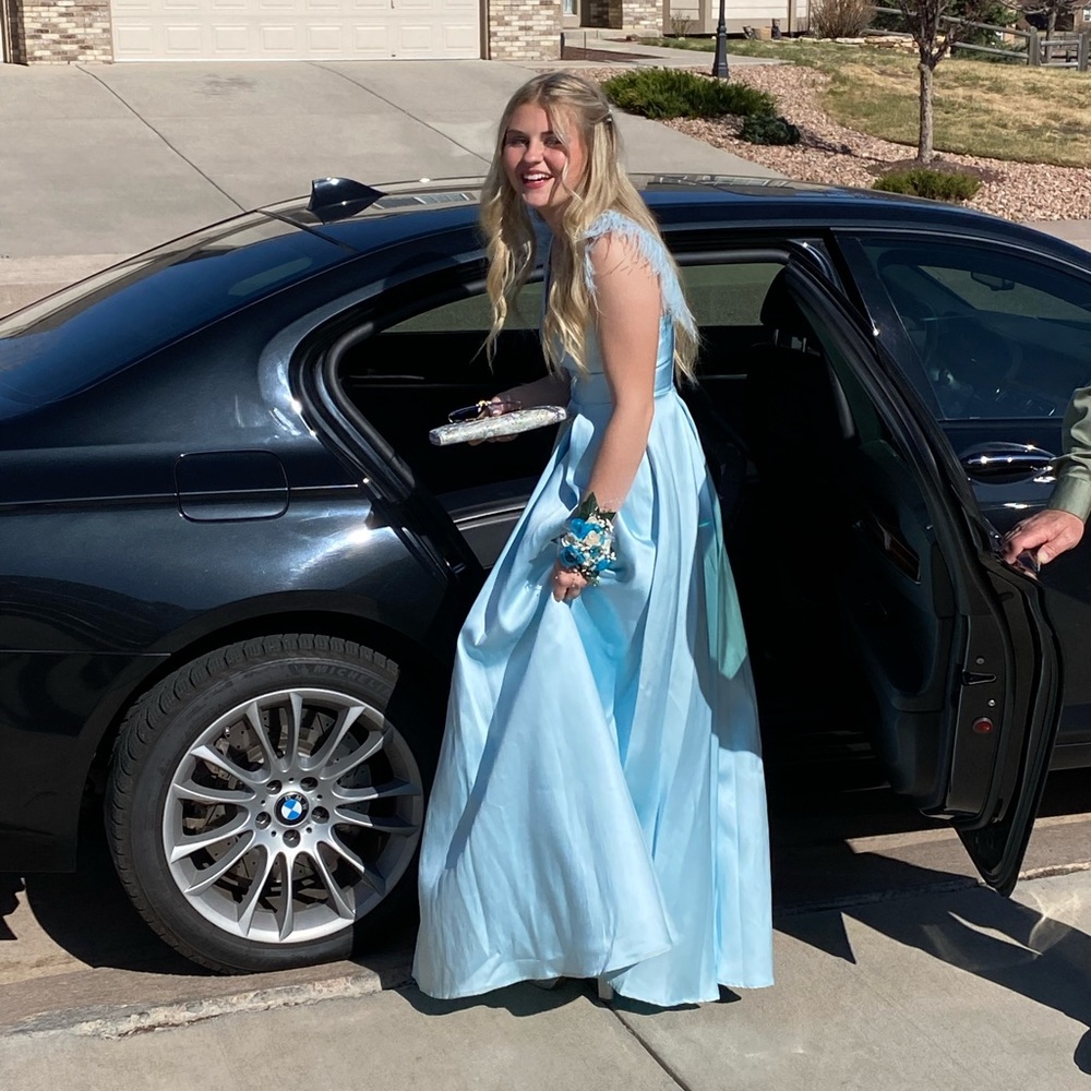 baby blue prom dress with feathers
